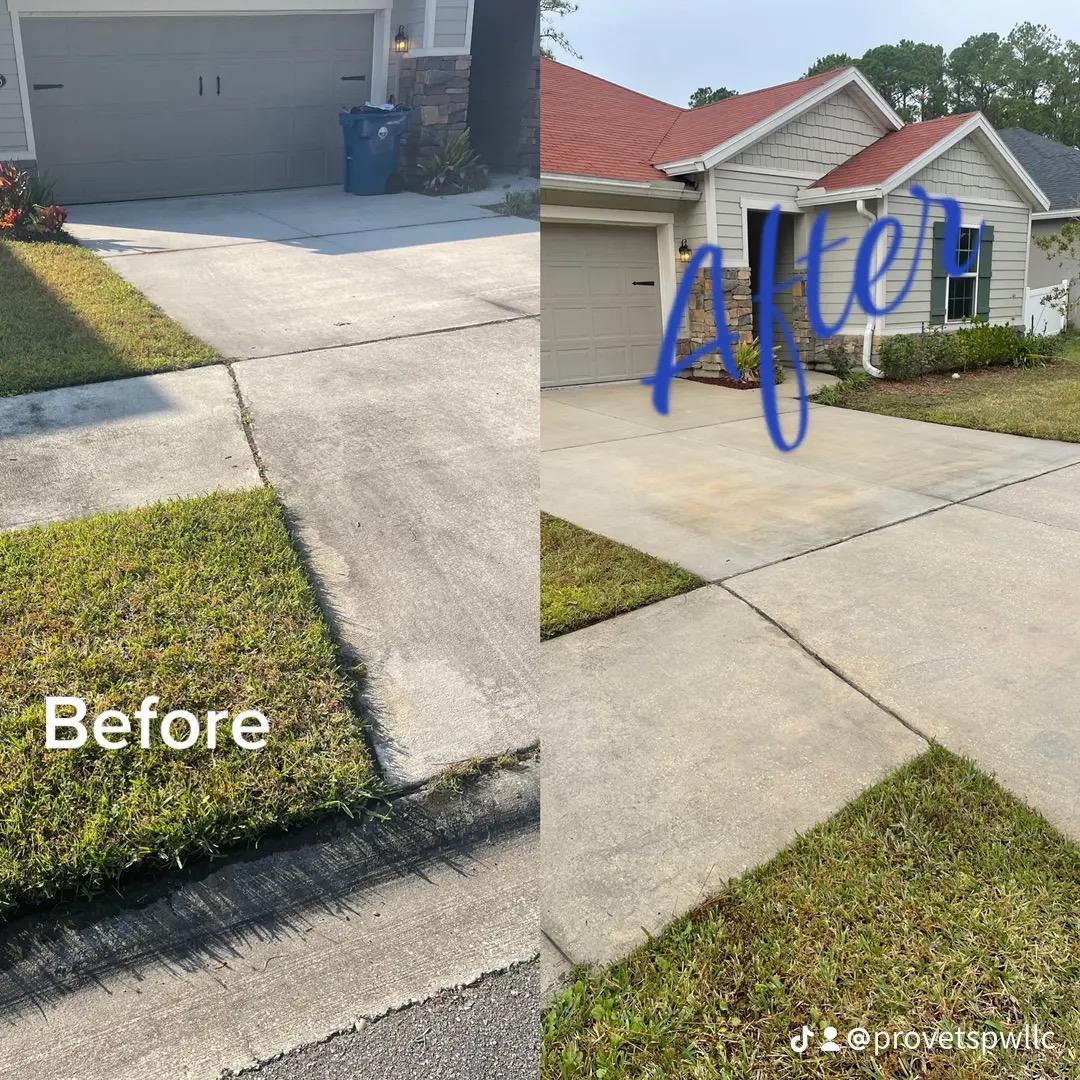 Before and after pressure washing a dirty concrete driveway and sidewalk at a Nocatee area home