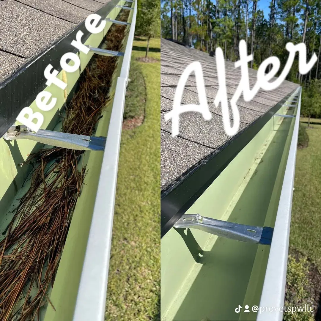Before and after gutter cleaning showing pine needle debris removed from a Florida home's gutter by Pro Vets Pressure Washing
