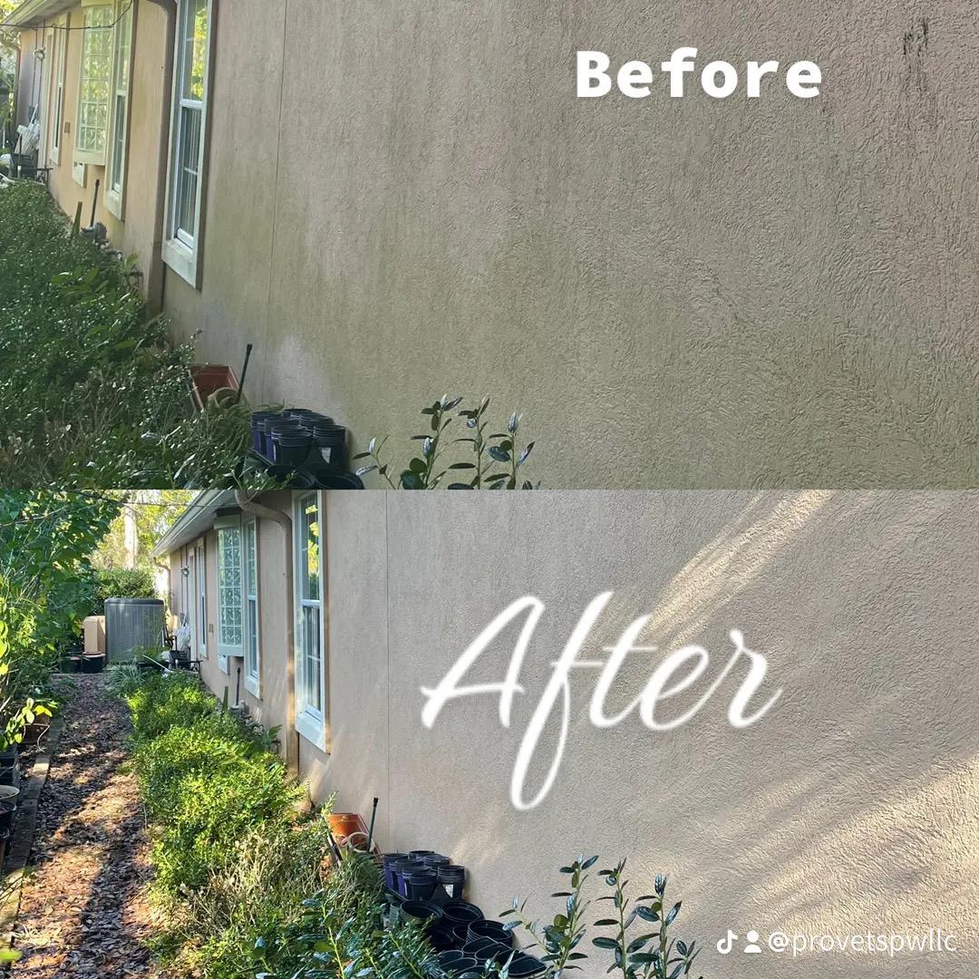 Before and after soft washing a mildew-stained stucco house wall in St. Johns by Pro Vets Pressure Washing