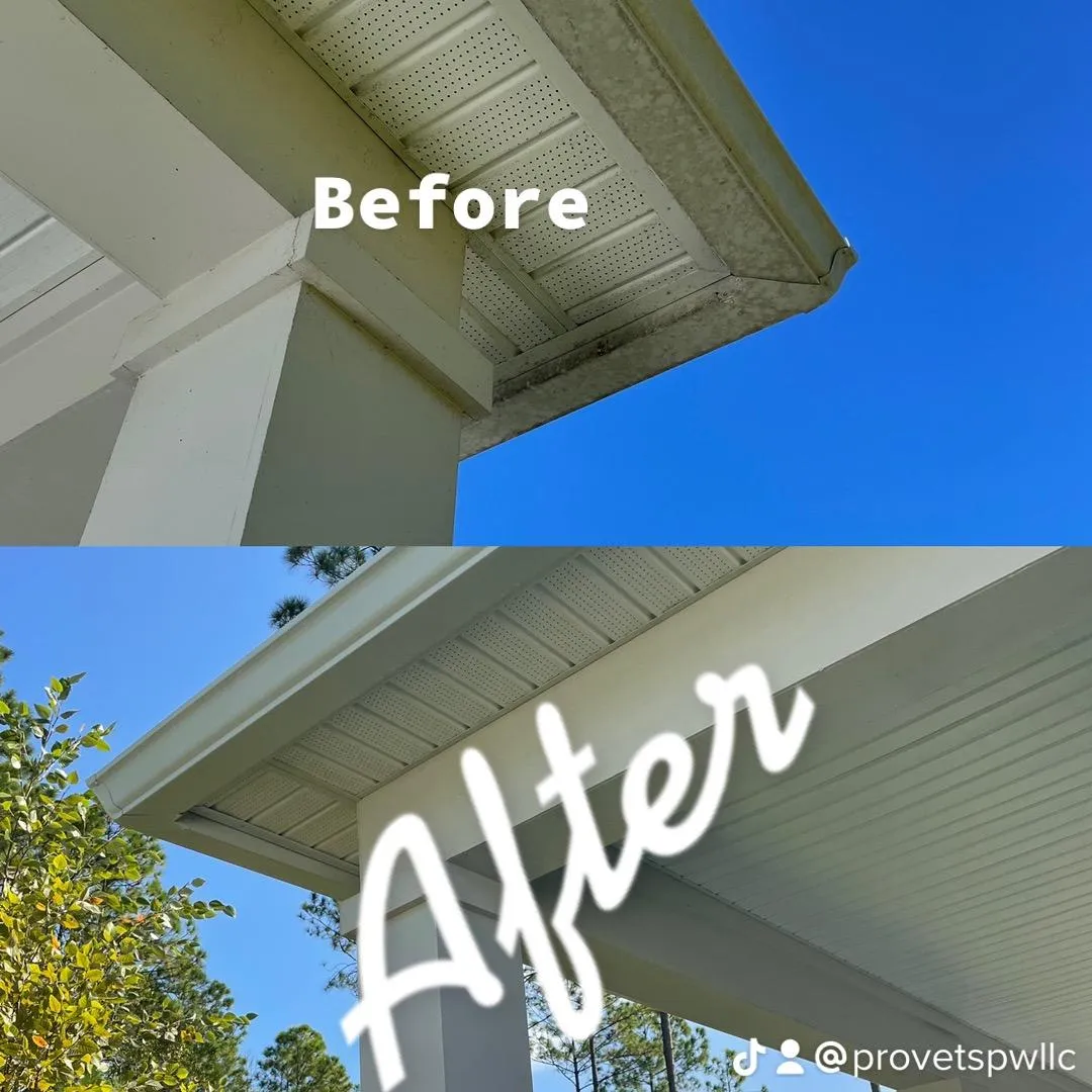 Before and after washing dirt-streaked soffit and fascia clean and white on a St. Augustine home