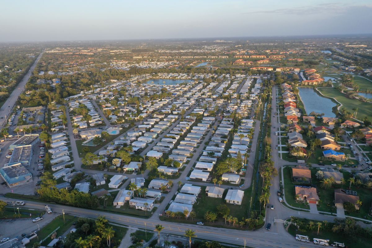 Aerial view of a Northeast Florida suburban neighborhood with driveways and sidewalks like those Pro Vets Pressure Washing cleans in St. Johns County